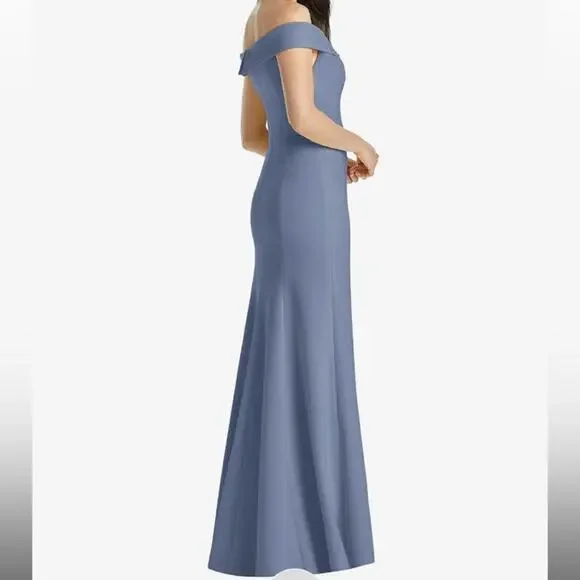 Dessy Collection NWT Off Shoulder Trumpet Gown Front Slit Larkspur Blue Size 0 - Picture 2 of 8